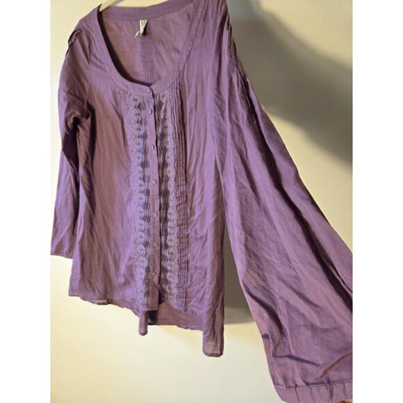 Free People Dusty Purple Lace Placket Button Front Tunic Blouse Lightweight Sz L - Picture 3 of 9